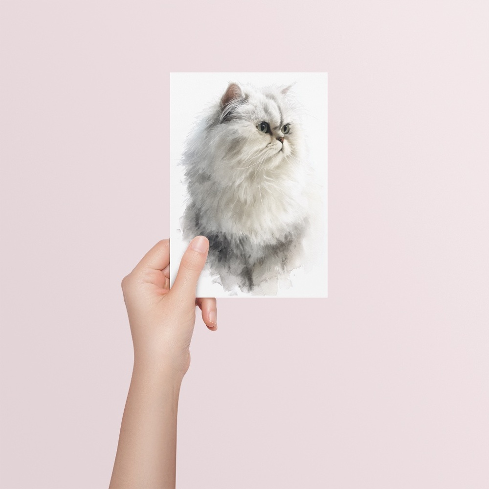 Watercolor White Persian Cat Portrait Wall Art Print Poster, Unframed - Picture 5 of 6